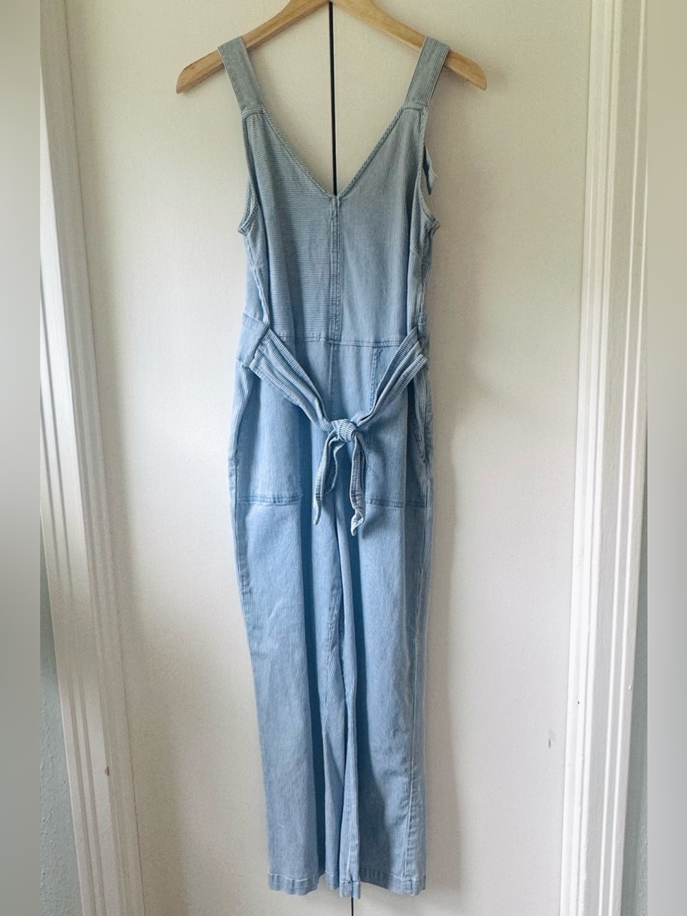 Susina Light Blue Striped Denim Jumpsuit